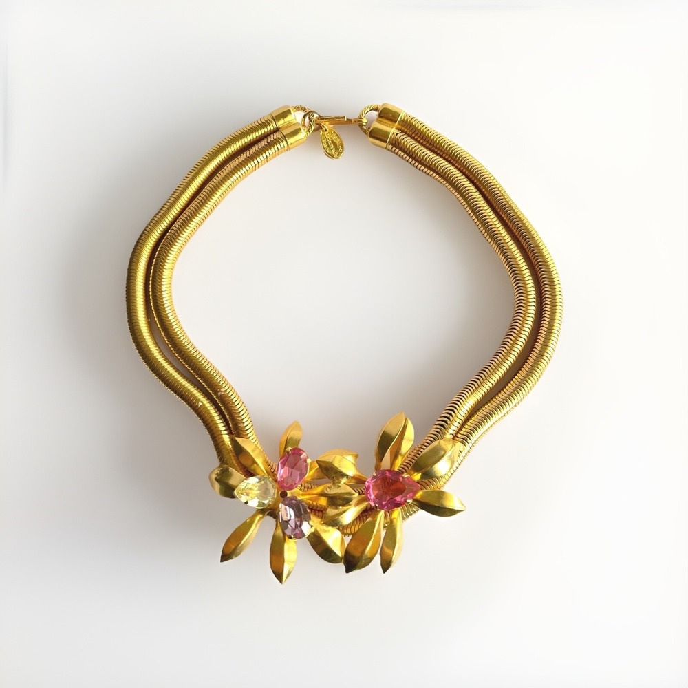 Vintage Philippe Ferrandis Gold Necklace Pink Crystals Statement Jewelry